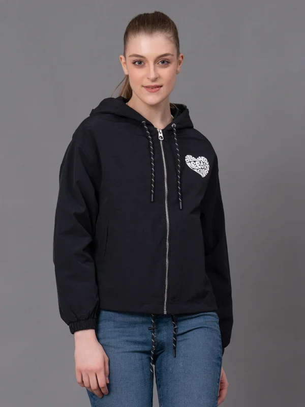 Black Nylon Graphic Print Women's Windcheater Jacket
